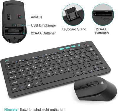 Rii Tastatur Maus Set Kabellos, 2.4G Kabellose Kompakte Tastatur mit Funkmaus für Laptop, PC und Sma