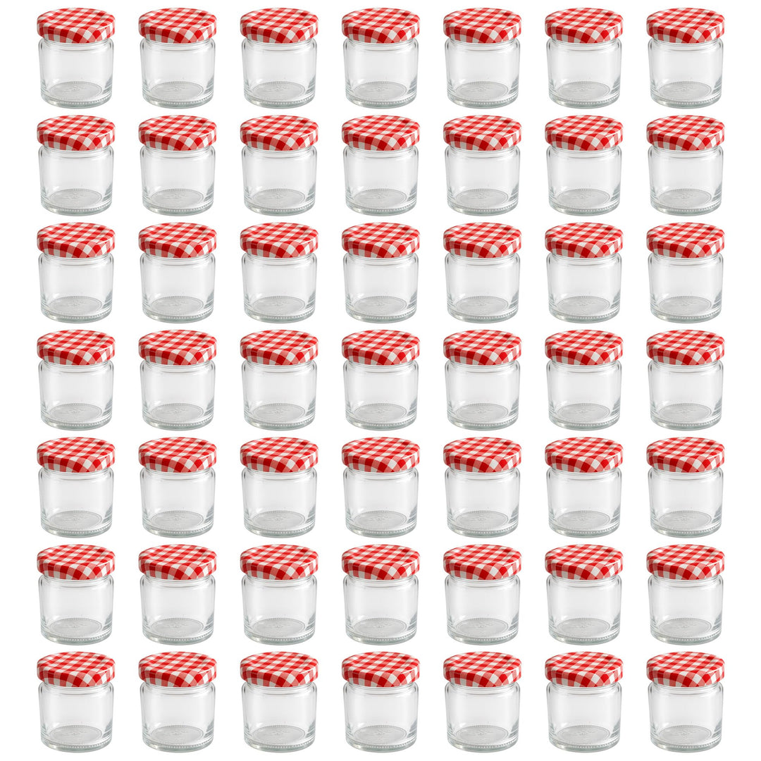hocz 50x Mini Marmeladengläser 50 ml | mit Deckel Rot Kariert TO 43 | kleine Einmachgläser mit Schra