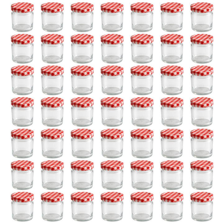 hocz 50x Mini Marmeladengläser 50 ml | mit Deckel Rot Kariert TO 43 | kleine Einmachgläser mit Schra