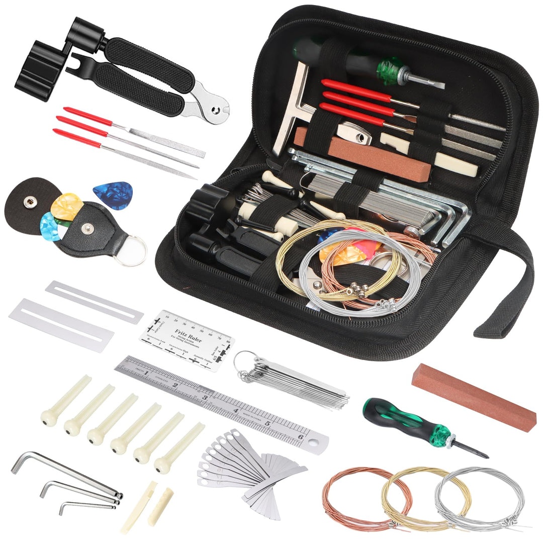 63 Stück Gitarren-Reparatur-Set, Gitarrenpflege-Reinigungs-Werkzeug-Set mit Sattel, Steg, Stimmgerät