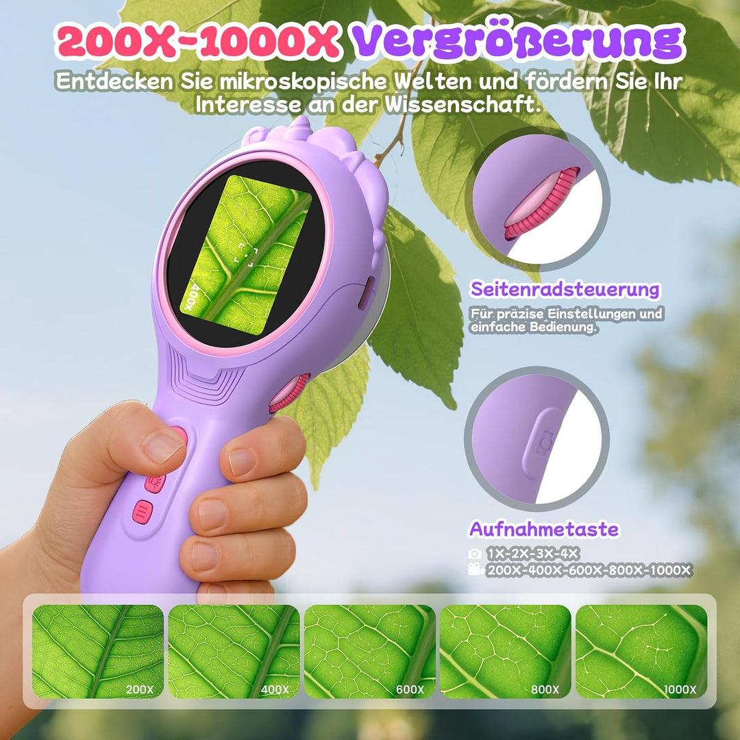 Einhorn Handy Digitales Mikroskop für Kinder, Tragbares Taschenmikroskop mit Licht 2,0" IPS-Bildschi
