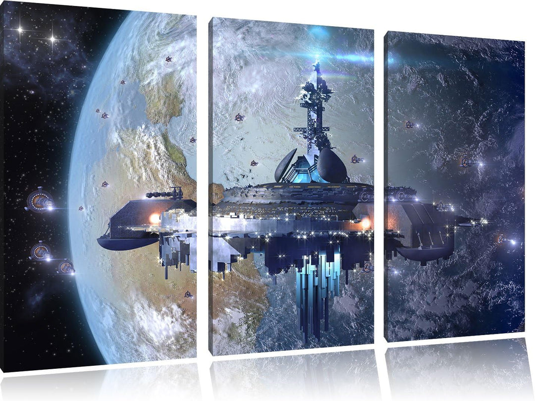Pixxprint Raumschiff vor der Erde als Leinwandbild | Grösse: 3 Teilig (120x80) | Wandbild| Kunstdruc