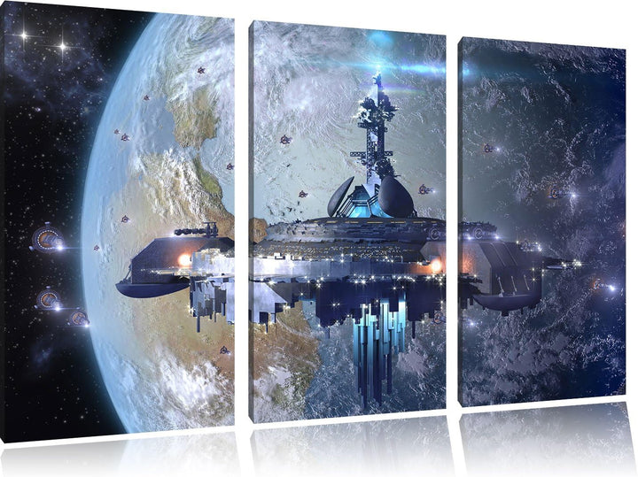 Pixxprint Raumschiff vor der Erde als Leinwandbild | Grösse: 3 Teilig (120x80) | Wandbild| Kunstdruc