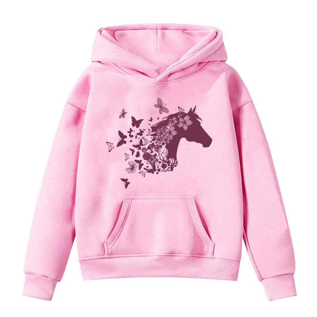 generisch Kapuzenpullover für Mädchen Langarm-Kapuzenpullover mit Pferde-Print für Kinder Rosa 10-11
