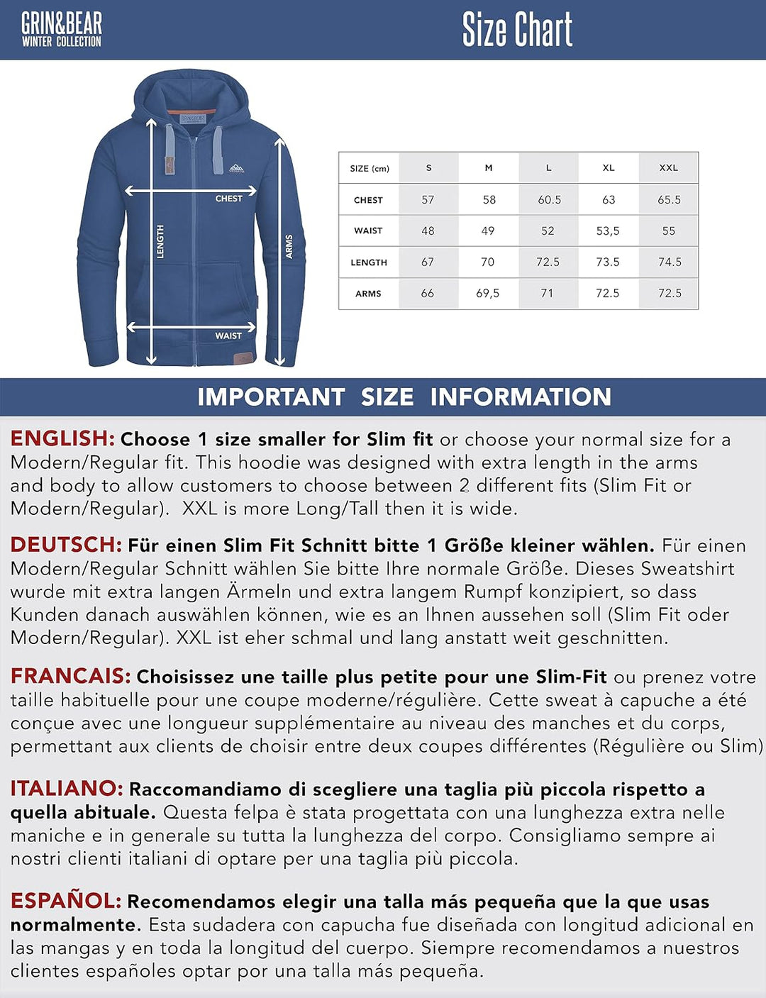 Grin&Bear Herren Hoodie Slim fit Kapuzenpullover Kapuzenjacke mit gestempeltem Design Logo GEC540 M