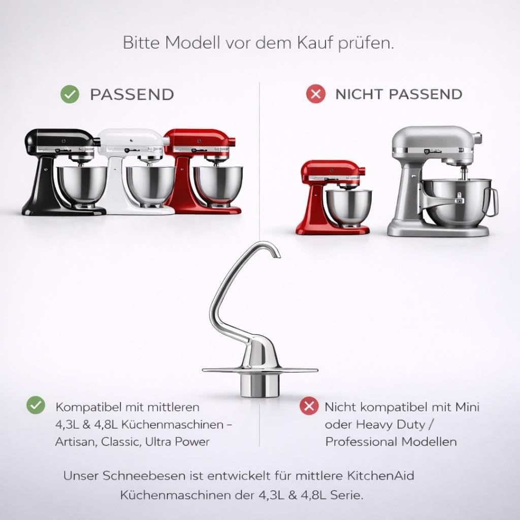 Edelstahl Knethaken K45DH für KitchenAid Küchenmaschine – 100% 304 Edelstahl – Spülmaschinengeeignet