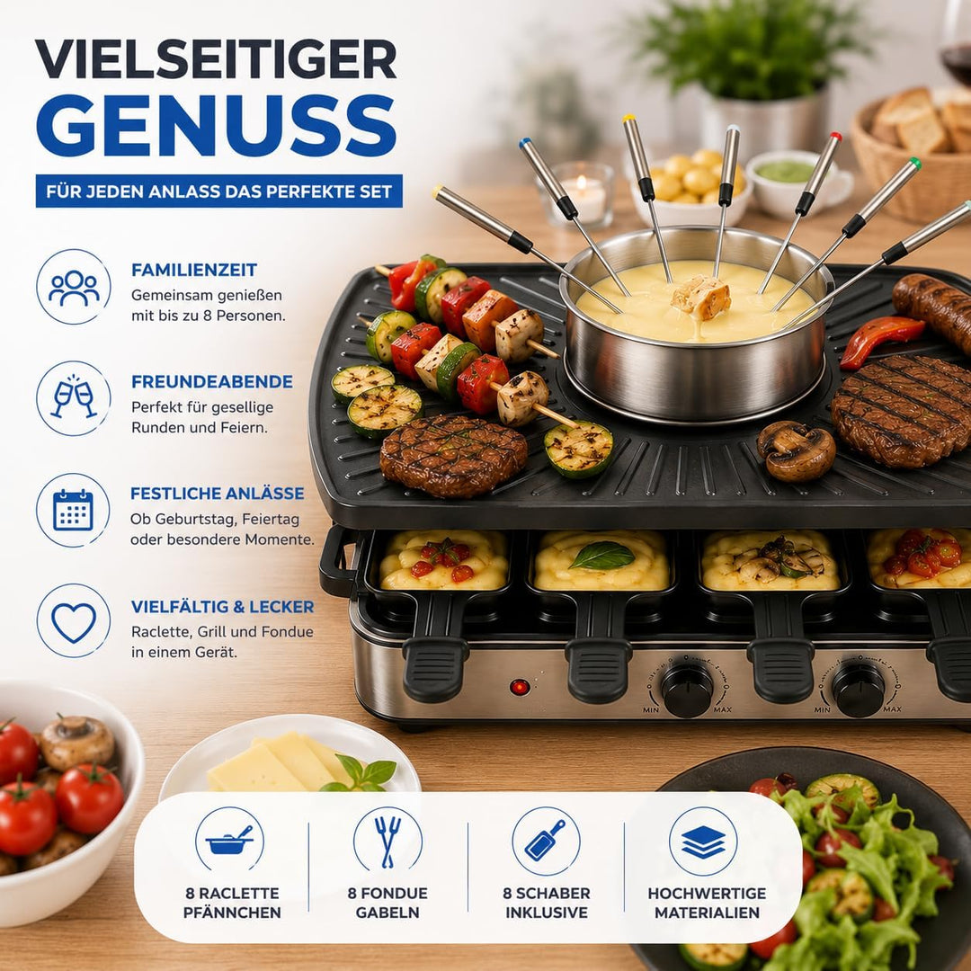 8 Personen Set Raclette - Mit Grillplatte & Steinplatte Funktion - Tischgrill inkl. Pfännchen & Scha