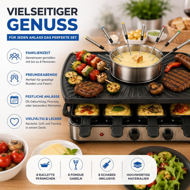 8 Personen Set Raclette - Mit Grillplatte & Steinplatte Funktion - Tischgrill inkl. Pfännchen & Scha