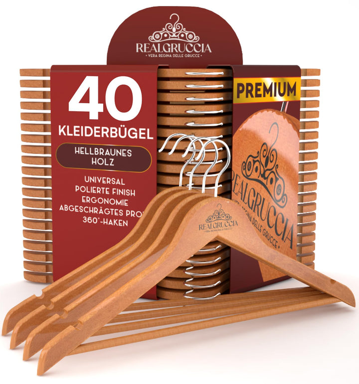 40 Kleiderbügel aus Holz Anti-Rutsch-Einkerbungen Holzbügel RealGruccia Farbe Hellbraun von Hosen An