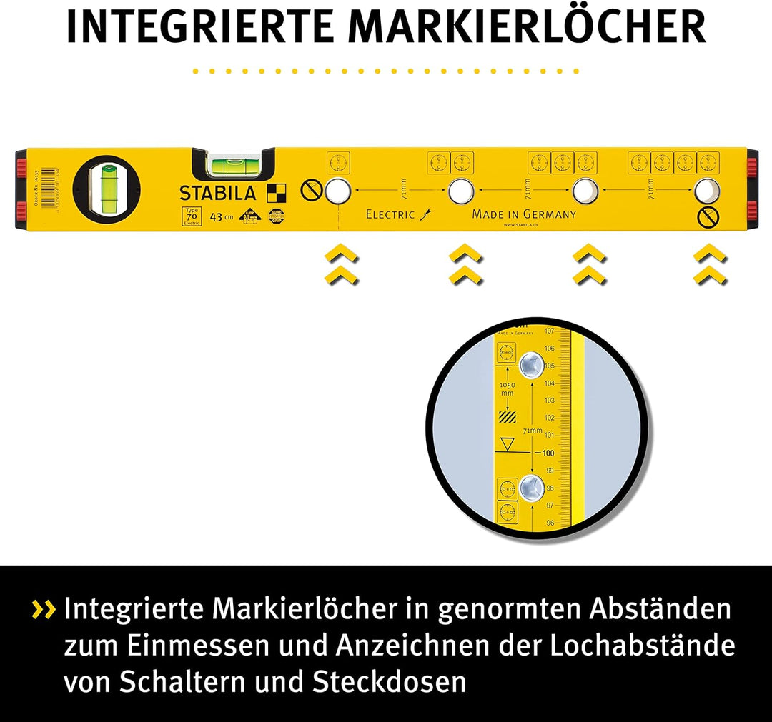 STABILA Elektriker-Wasserwaage Type 70 Electric, 43 cm, leichtes Alu-Profil, 1 Horizontal-Libelle, 1