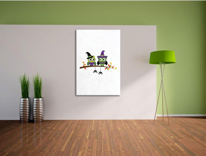 Pixxprint Lustige Hexen Eulen auf AST weiss, Format: 70x100 auf hochkantiges Leinwandbild, XXL riesi