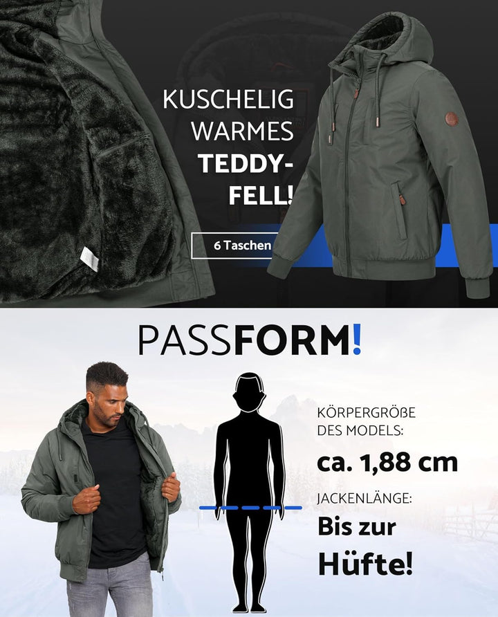 ALESSANDRO SALVARINI Herren Winterjacke (S-3XL) mit Kapuze - Teddyfleece innen komplett, Winddicht,