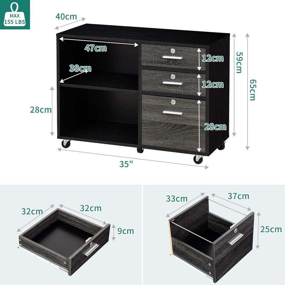 YITAHOME Rollcontainer aus Holz, Mobile Aktenschrank Abschliessbar, Büroschrank mit 3 Schubladen und