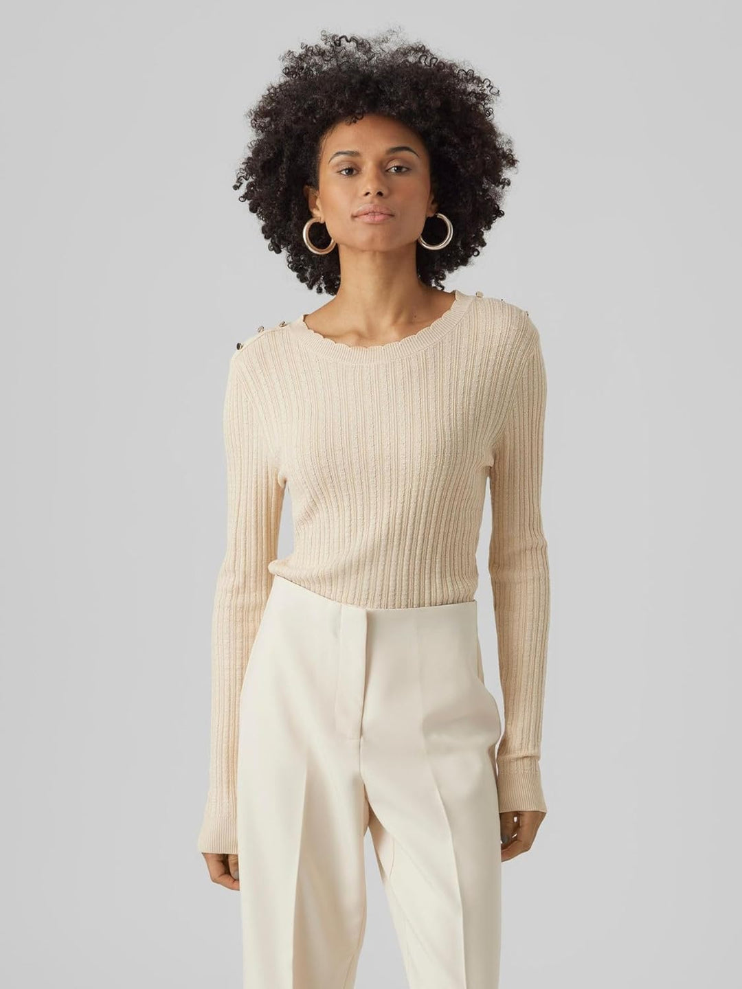 VERO MODA Damen Vmglory Ls O-Neck Button Ga Boo Pullover S Birch/Detail:w. Gold Buttons, S Birch/Det
