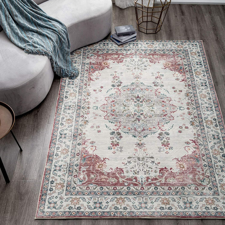 TALETA Mila Teppich Wohnzimmer, Blumenteppich Kurzflor,Wasserabweisender Orientalischer Küchenteppic