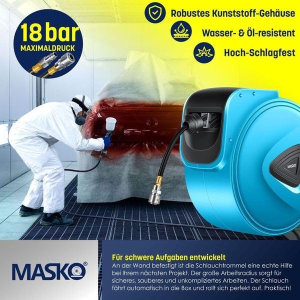MASKO® 30m Druckluftschlauch Aufroller automatisch 1/4" Anschluss - Schlauchtrommel Wandschlauchhalt
