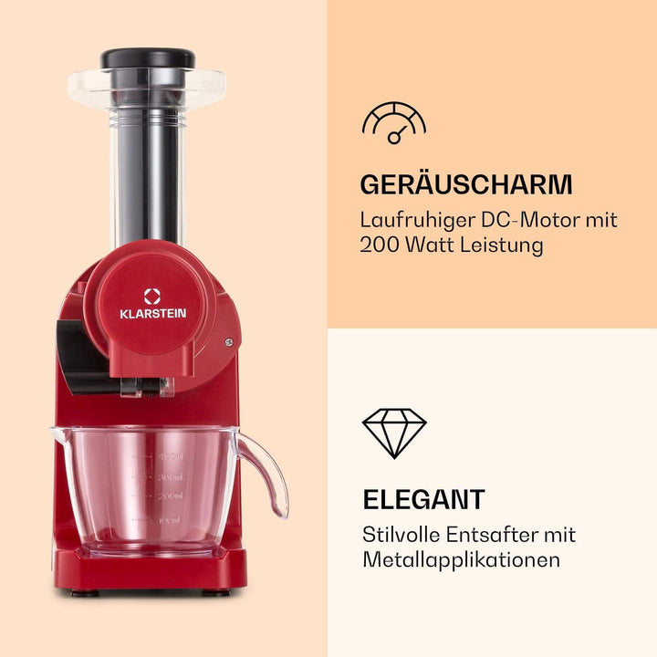 Klarstein Bella Elegance Saftpresse 200 W, Entsafter mit 400 ml, BPA-frei, rutschfester Standfuss, m