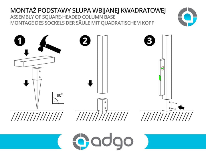 ADGO Einschlagbodenhülse - 4er Set Pfostenträger 80x80 Länge 750 mm - Zaunpfostenträger - Bodenanker