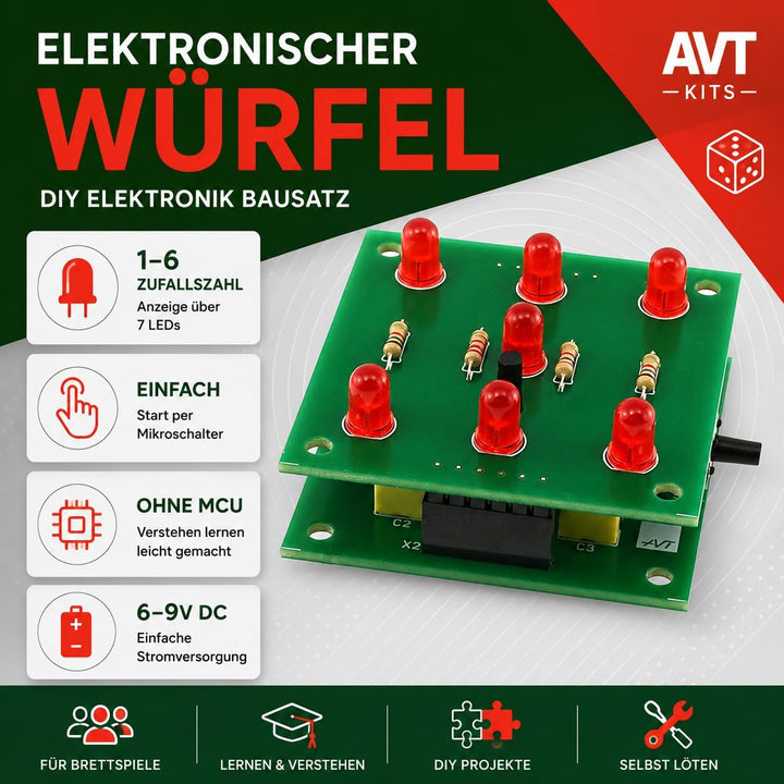 AVT1661 KIT DIY Elektronischer Würfel, Spielwürfel, Elektronik-Bausatz zum Löten Lernen, Übungsplati