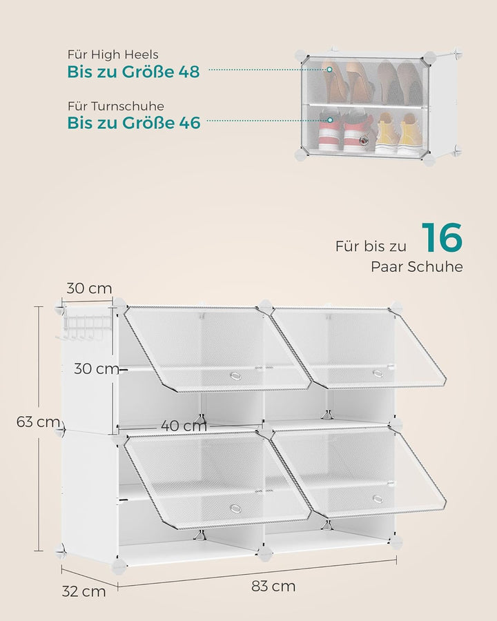 SONGMICS Schuhregal, Schuhschrank, für Garderobe und Eingangsbereich, anpassbar, 4 Fächer, für bis z