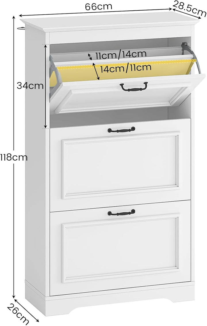 Schuhschrank Weiss Schuhkipper mit 3 Klappen, Schuhkommode Schuhregal mit Trennwände verstellbar und