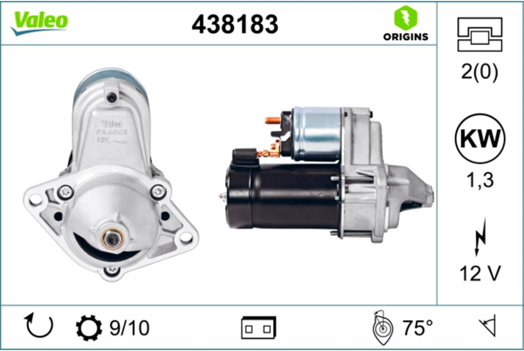 VALEO 438183 Starter Nennleistung: 1,3 kW Stop & Start: NO Zähnezahl: 9/10 zähne Spannung: 12 V Dreh