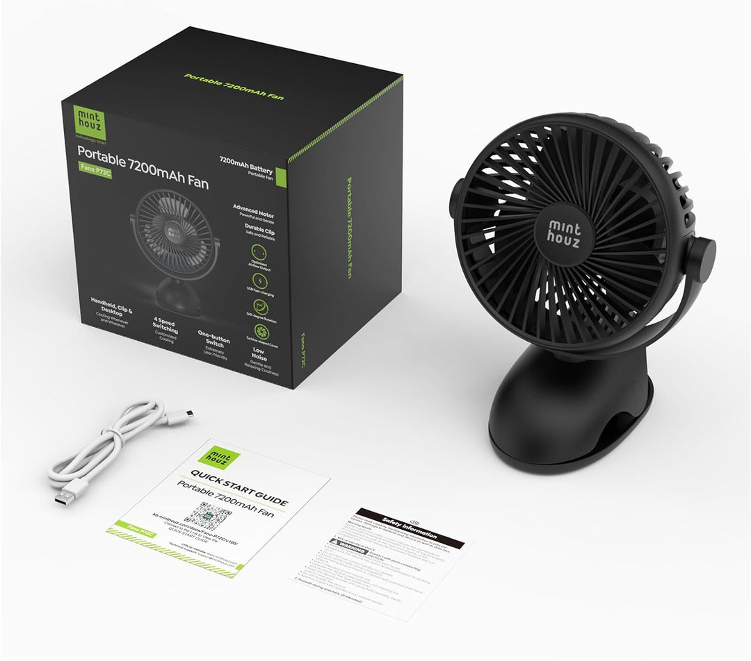 Minthouz USB-Tischventilator mit Clip | 7200mAh Ventilator Akku | 4 Geschwindigkeiten Tragbarer Mini
