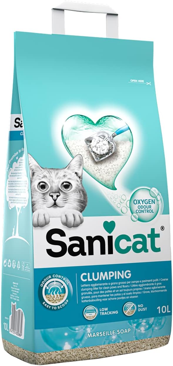 Katzenstreu klumpend. Sanicat Clumping Qxygen Power. 10 liter Box mit neuer Verpackung und verbesser