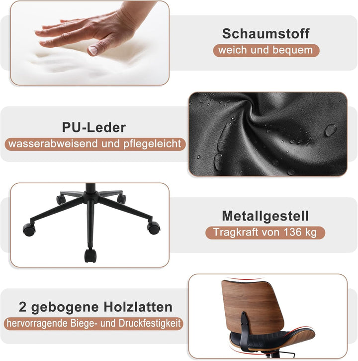 Bürostuhl ohne Armlehne Schreibtischstuhl Leder Holz Modern Homeoffice Chair Wippfunktion bis 136 kg