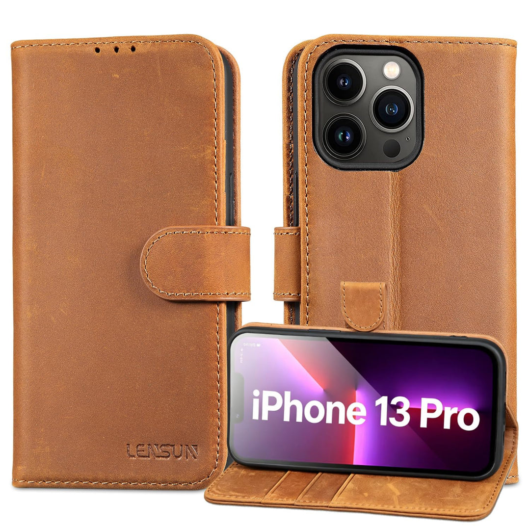 LENSUN Echtleder Hülle für iPhone 13 Pro, Handyhülle [Echtes Leder][Magnetverschluss][RFID Schutz] H