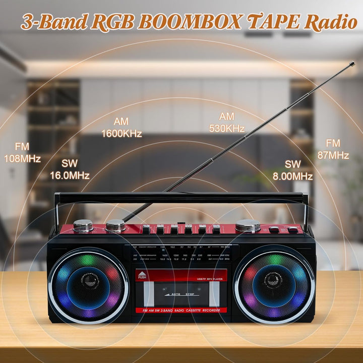 Tragbare Kassettenspieler Boombox AM/FM/SW Radio Stereo, CasetteTape Player Recorder, MP3 Bluetooth