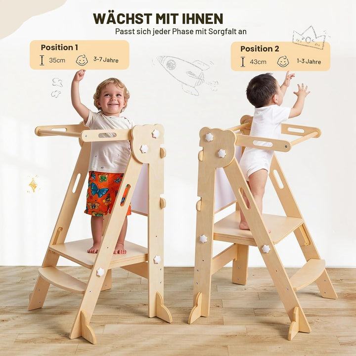 labebe Klappbar Lernturm für Kinder, Montessori Learning Tower mit Zweiseitige Tafel, 3 in 1 Einstel
