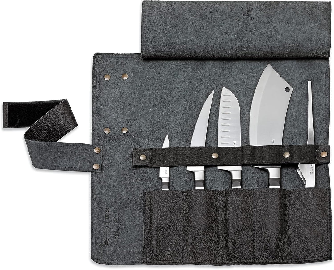 F.DICK Leder-Rolltasche 1905 (5-teilig, schwarz, Inhalt: Officemesser, Zerlegemesser, Santoku, Kochm