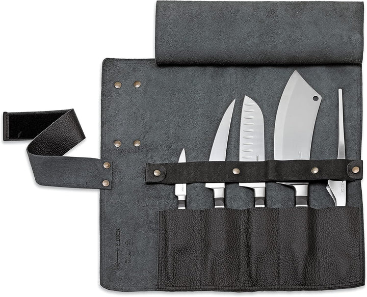 F.DICK Leder-Rolltasche 1905 (5-teilig, schwarz, Inhalt: Officemesser, Zerlegemesser, Santoku, Kochm