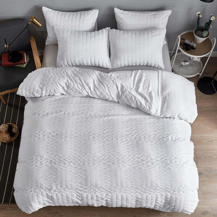 Freyamy Seersucker Bettwäsche 220x240cm 3teilig Weiss Geprägt Streifen Strukturiert Bettwaren-Sets U
