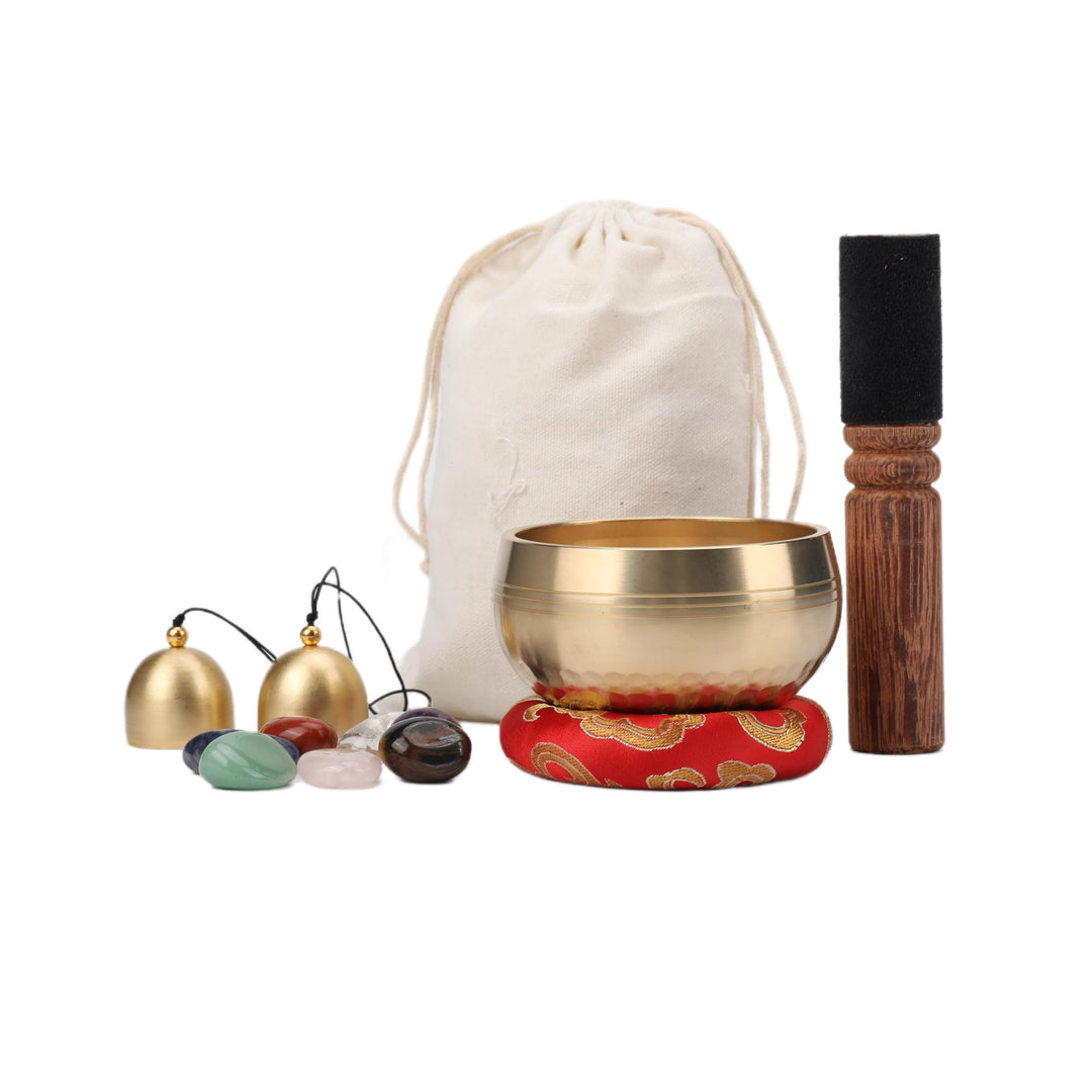 Tibetische Klangschale, handgestimmte Chakra-Stein-Schale mit 2 Glocken und Tragetasche, spirituelle