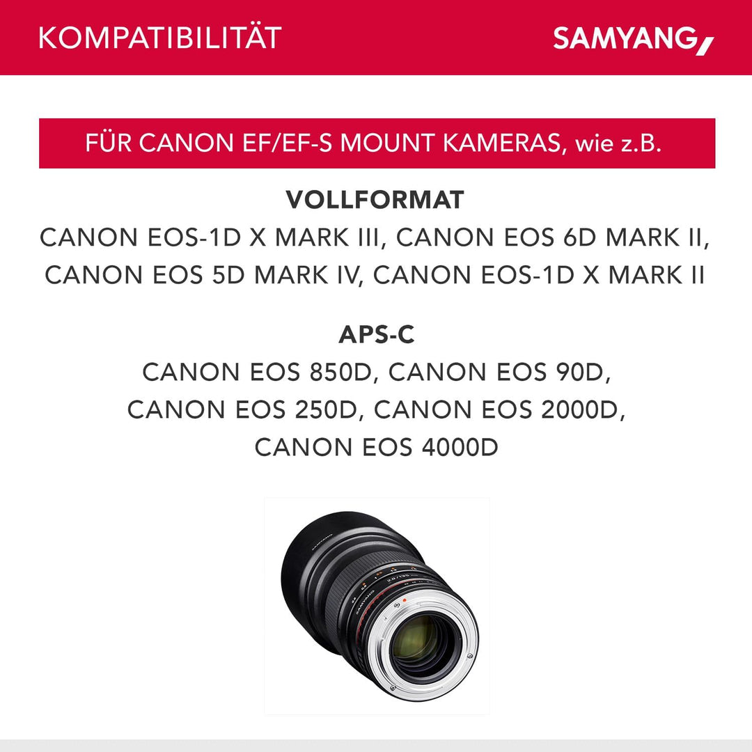 Samyang 135mm F2.0 für Canon EF - Vollformat und APS-C Teleobjektiv Festbrennweite für Canon Kamera