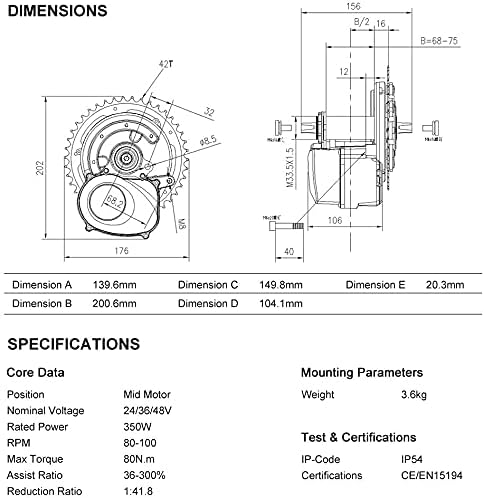 Enerpower Tongsheng TSDZ2 36V 250W Mittelmotor (Edition 2021) mit Zubehör Display & Version wählbar