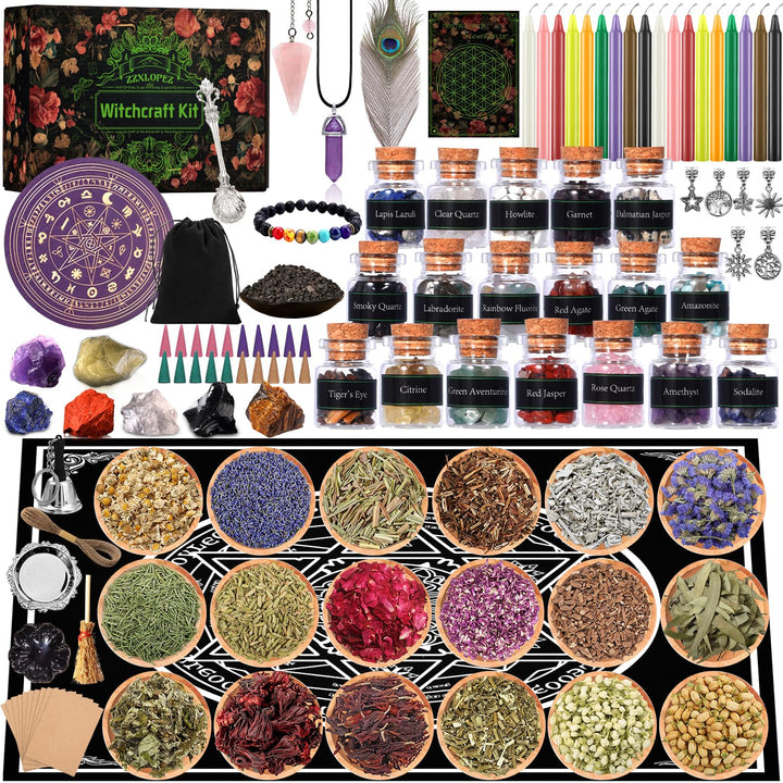 ZZXLOPEZ Starter Witch Kit 122 Stück Witchcraft Kit, Kerzen Kleine, Trockenblumen, Kristallen, Messl