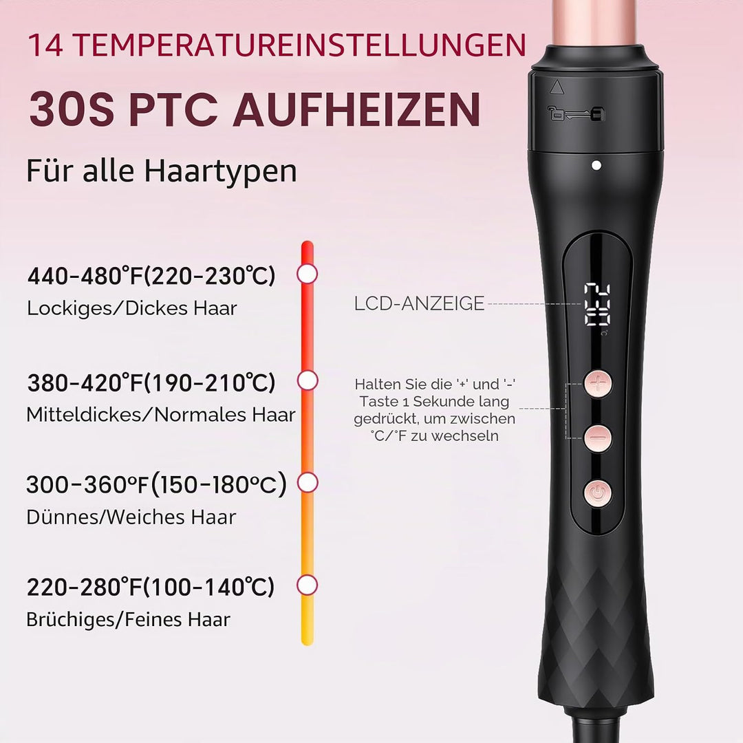 3-in-1 Lockenstab Set mit Glätteisen, Austauschbare Keramik-Turmalin Aufsätze für Grosse &amp; Kleine Lo
