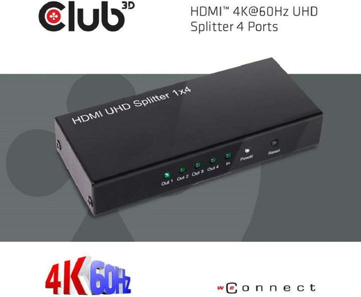 Club 3D CSV-1380 HDMI Splitter 1 Eingang auf 4 Ausg. 4K60Hz UHD retail Schwarz, CSV-1380