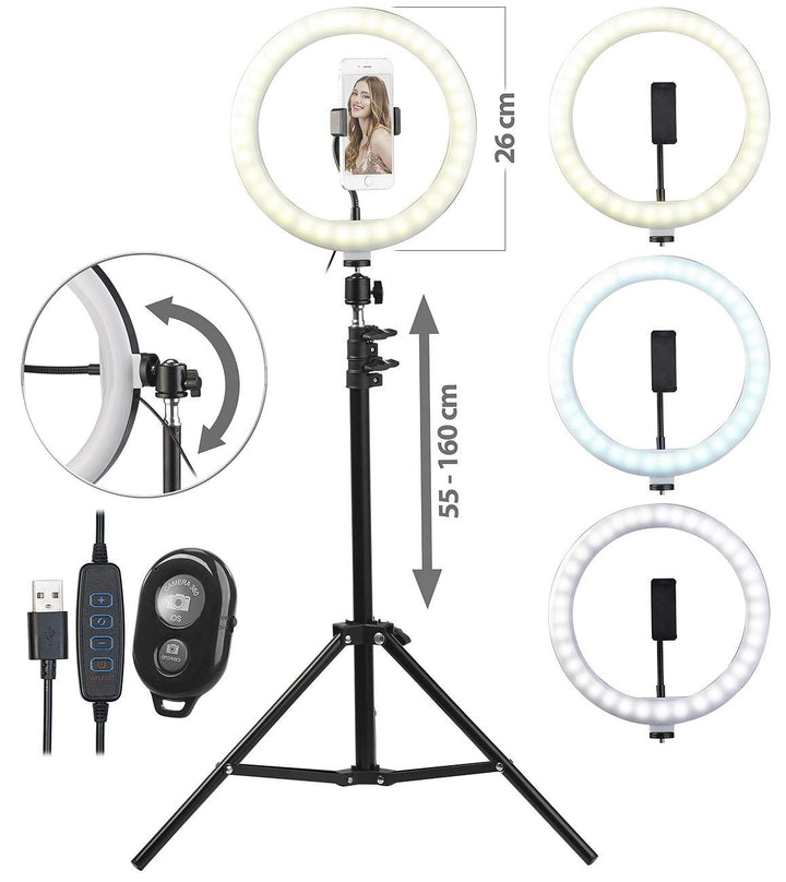 Somikon Ringlicht: Multifunktions-LED-Stativleuchte mit verstellbarem Winkel, Ø 25 cm (Handy Stativ,