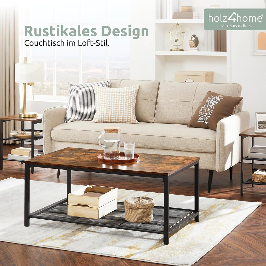 holz4home® Couchtisch Connie mit Gitterablage | 106x60x45 cm | Einfache Montage | Industrial-Look Br