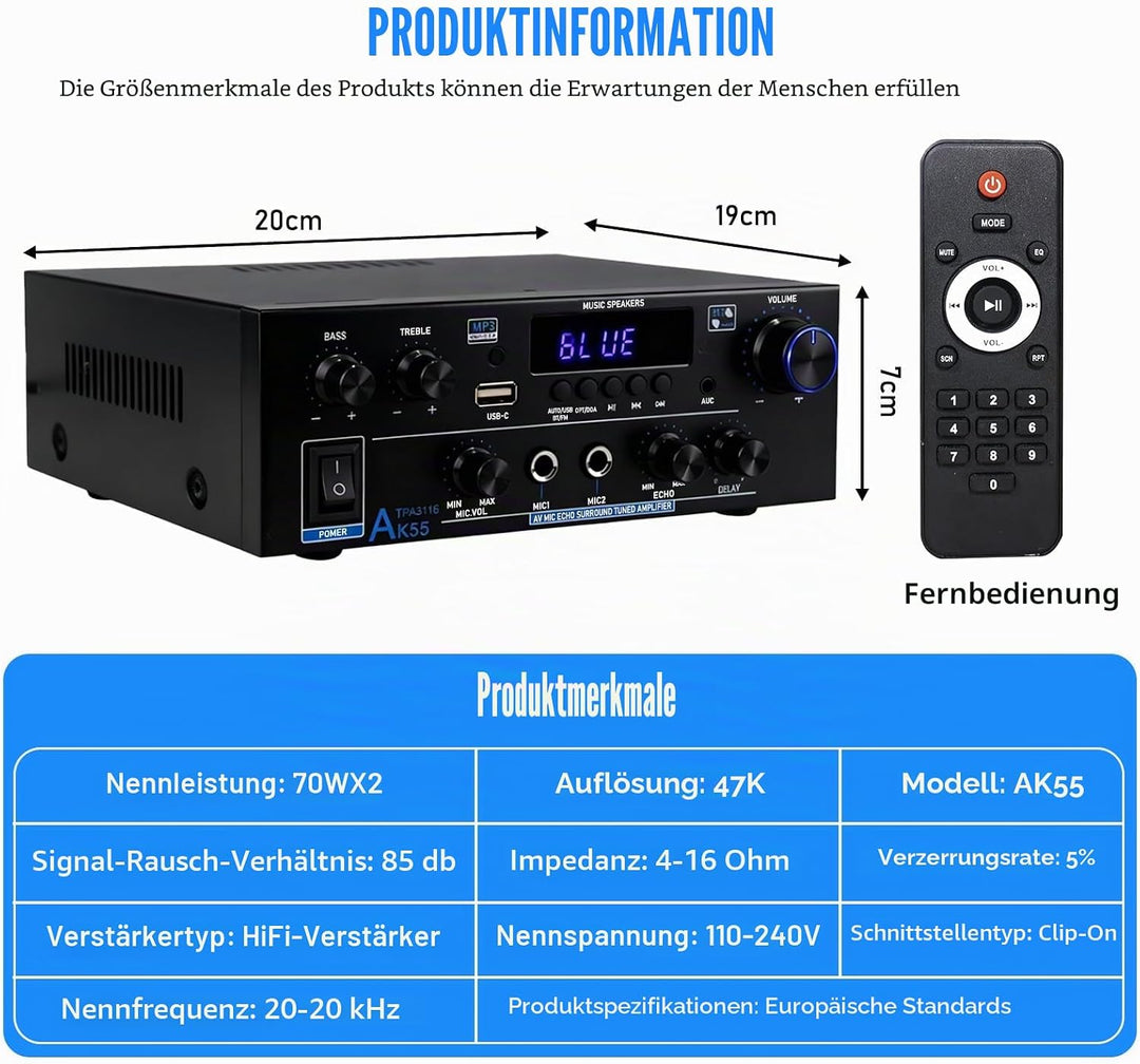 AK55 HiFi Verstärker Mini Bluetooth 5.0 Stereo Amplifier 2.0 Kanäle 70W X 2 Audio Verstärker Receive
