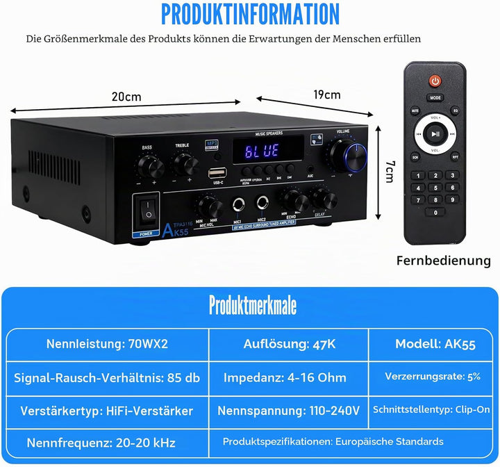 AK55 HiFi Verstärker Mini Bluetooth 5.0 Stereo Amplifier 2.0 Kanäle 70W X 2 Audio Verstärker Receive