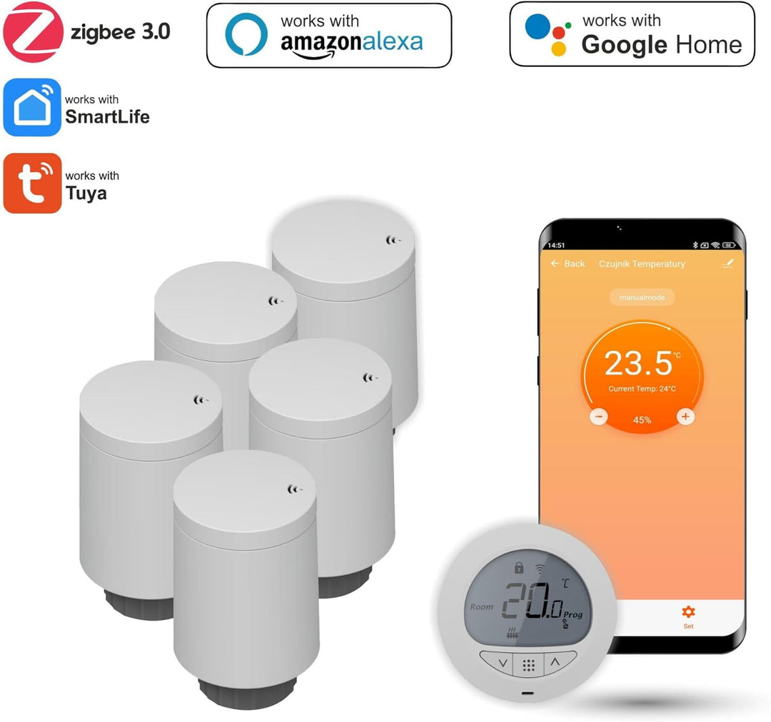 Automat-on Set für Fussbodenheizung mit 5X Smart Heizkörperthermostat und Zigbee Thermostat Fussbode
