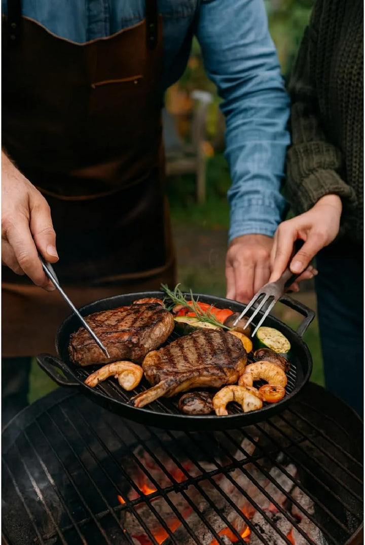 2 STK Gusseisenpfanne Rund D 31 cm, Grillplatte Länge 40 mit Griffe | Runde Servierpfanne und Grillp