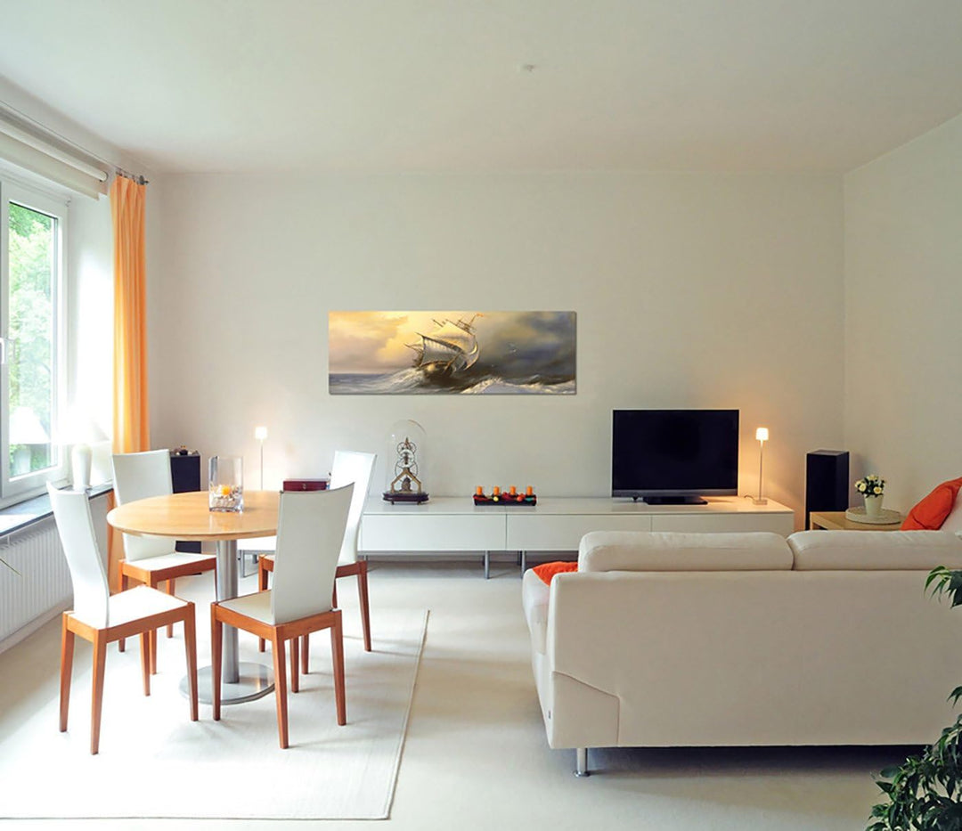 Paul Sinus Art Panoramabild auf Leinwand und Keilrahmen 150x50cm Meer Sturm Wellen Segelschiff
