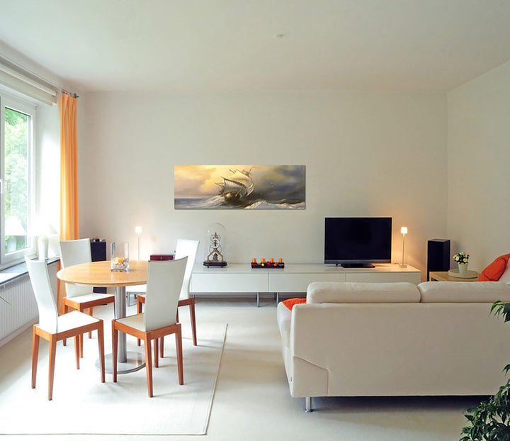Paul Sinus Art Panoramabild auf Leinwand und Keilrahmen 150x50cm Meer Sturm Wellen Segelschiff