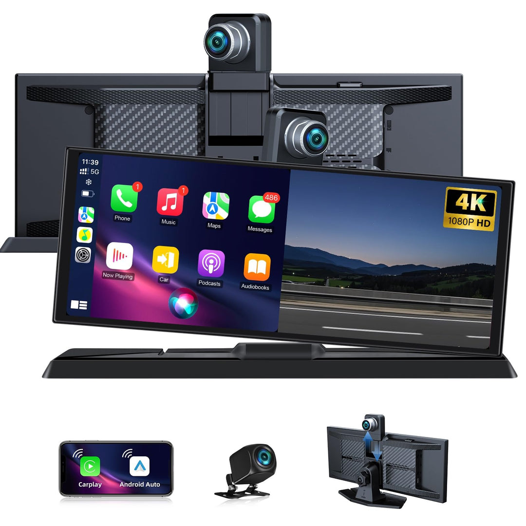 11,3 Zoll Carplay Android Auto Display mit Stehende Halterung, 350° Drehbare 4K Dashcam Buddy Displa